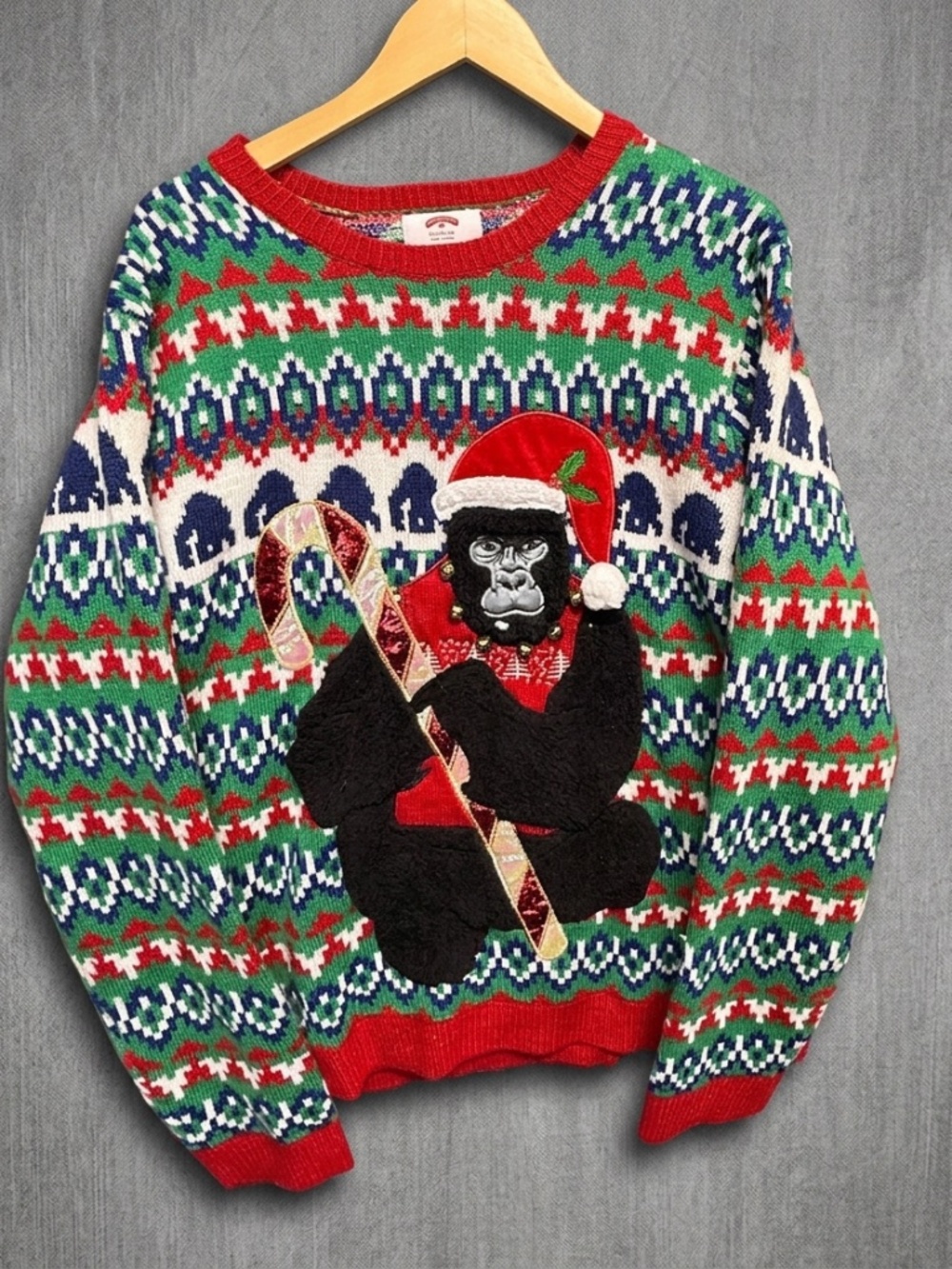 Holiday Time Gorilla Ugly Christmas Sweater 2XL 3D Santa Hat Bells Candy Cane